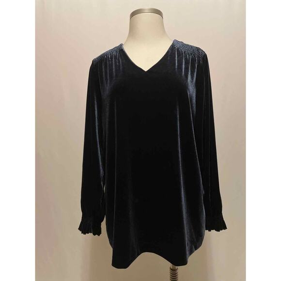 CJ Banks 2X Navy Velveteen Long Sleeve Ruched Shoulder Tunic - Picture 1 of 4